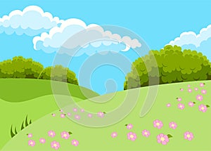 Raster illustration of beautiful fields landscape with a dawn, green hills, bright color blue sky and pink flowers, background in