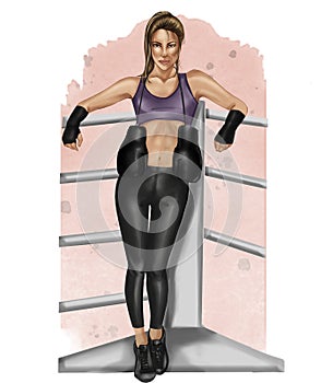 Raster Illustration of brunette boxing girl on a watercolor background