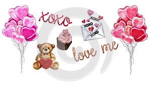 Raster Illustration - Collection of objects - Valentine Theme - Balloons, teddy bear, love letter, cupcake, texts
