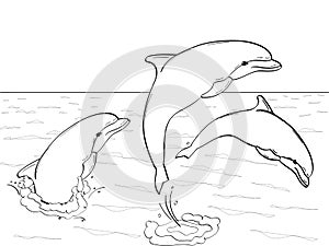 Raster of imitation retro comic style. Rest on the sea, three dolphins play in the water. Book coloring for children