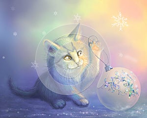 Raster illustration with a kitty and a christmas ball