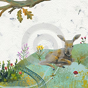 Raster illustration with moose, plants and mushrooms. Forest picture