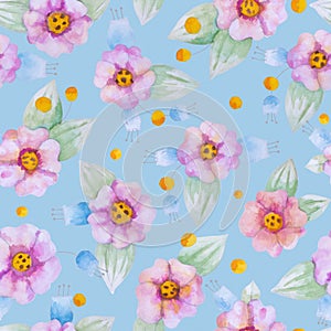 Raster illustration. Seamless pattern with pink flowers on a blue background. Watercolor drawing for printing on paper, fabric