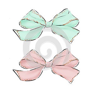 Raster illustration - set of bows in pink and blue pastel colors