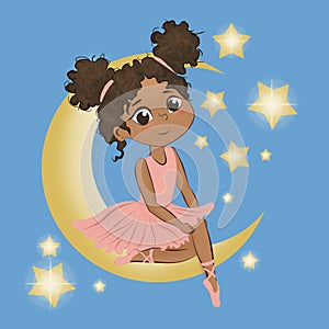 Raster illustration of a ute little ballerina. A dark-skinned girl in a pink dress sits on the moon against the blue sky