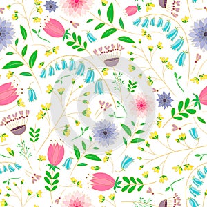 Raster illustration. Wild flowers doodle seamless repeat pattern