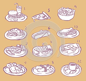 Raster international food sketch icon set