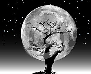 Raster moon illustration and tree