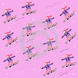 Raster pattern in flat style with female snowboarders. Seamless texture with riding and jumping sportswomen in pink colors. Image