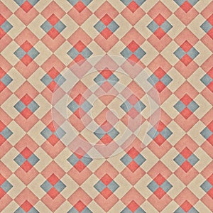 Raster Seamless Diagonal Red Blue Tan Stripe Rhombus Blocks Grid Grunge Retro Pattern