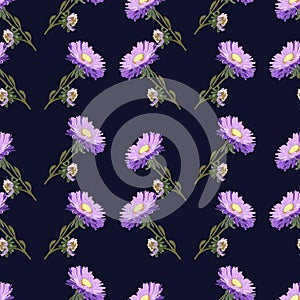 Raster seamless floral pattern. Blue aster on a dark blue background