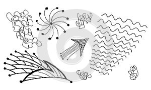 Raster set of isolated decorative elements. Doodles, wavy lines, arrows drawn by a pen on paper.