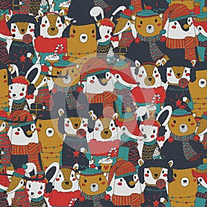 Raster vintage christmas seamless pattern with festive animals wearing warm winter clothes. retro xmas repeating background