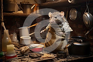 Rat in apron are in charge of old dirty kitchen, unwashed dishes and leftover food. Generative AI