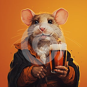 Realistic Portrait Of A Mouse Holding A Glass Of Beer photo