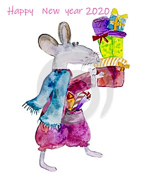 The rat carries gifts for the new year painted with watercolors