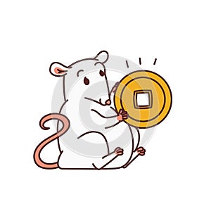 Rat Chinese new year symbols. Cute mouse holds lucky charm feng shui coin vector outline cartoon isolated illustration.