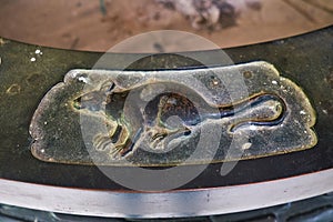 Rat from Chinese zodiac depicted on the incense burning urn at Toganji temple. Nagoya. Japan