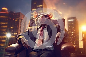 Rat dressed in business suit sits in leather armchair in its high-rise office. Successful businessman or influential politician