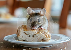 A rat is eating the bread in the plate generated by AI.