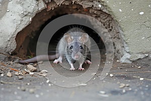rat at the entrance of a burrow in an urban alley