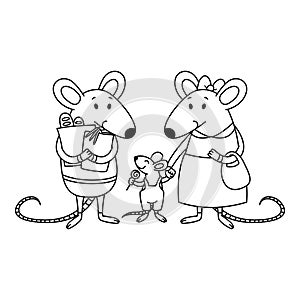 Rat family. Dad holds packages with purchases from the store, mom holds a child by the hand, a little boy with candy. Cartoon