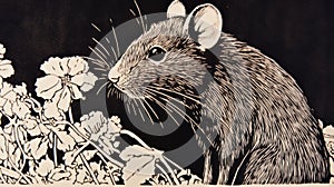 Rat In Flowers: A Stunning Woodcut And Linocut Drawing