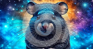 A Rat in galaxy universe on space glowing background.Animals in the Chinese zodiac calendar,esoteric horoscope