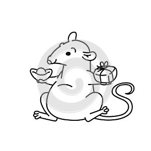 Rat with gift and lucky charm Chinese new year symbols. Cute mouse vector outline cartoon black white isolated