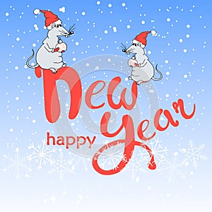 Rat hand drawn sketch, Lettering Happy New Year on blue background. Colorful design cute animal in cap