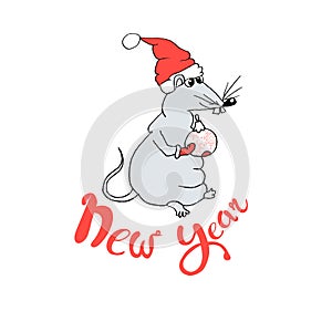 Rat hand drawn sketch, Lettering Happy New Year. Colorful design cute animal in cap