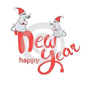 Rat hand drawn sketch, Lettering Happy New Year. Colorful design cute animal in cap New Year`s ball