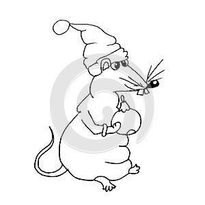 Rat hand drawn sketch. Monochrome design cute animal in cap New Year`s ball design element