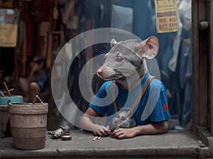 rat-headed youngman at work in an old shop photo