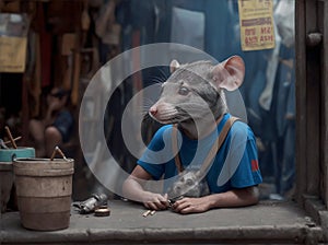 rat-headed youngman at work in an old shop