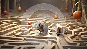 A rat learns to navigate a maze by receiving food at the end of the path. minimal 2d illustration Psychology art concept