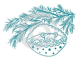 Rat mouse in basket on christmas tree 2020 symbol new year line art vector illustration in doodle style