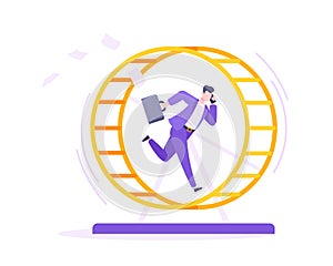 Rat race business concept with businessman running in hamster wheel working hard and always busy