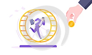 Rat race business concept with businessman running in hamster wheel working hard and always busy