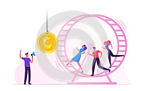 Rat Race. Stressed Businessmen Businesswomen Running in Hamster Wheel Trying to Reach Golden Coin