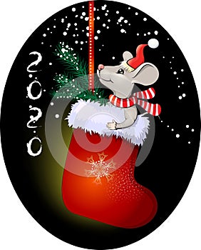 Rat in Santa Claus hat new year symbol 2020 in Christmas Gift Sock