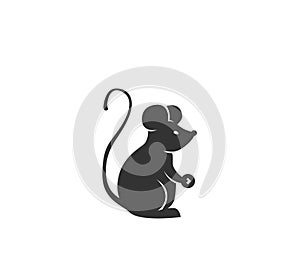 Rat silhouette vector illustration. Black and white cute mouse logo in simple cartoon flat style. Isolated on white