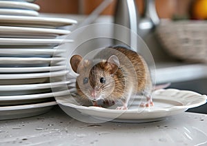 A rat at the sink with dirty dishes generated by AI.
