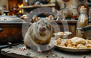 Rat sits on plate in restaurant. The concept of rodent control in the restaurant.