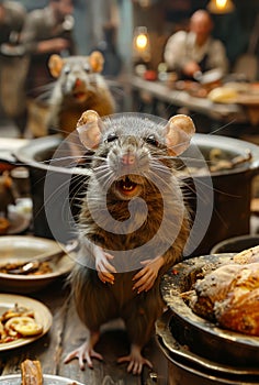 Rat stands on table in restaurant and looks at the camera. The concept of rodent control in the restaurant.
