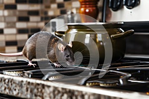 rat on a stovetop, inspecting a pot