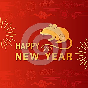 Rat year greeting card flat vector template. Chinese New Year symbol on red background. Golden mouse silhouette with