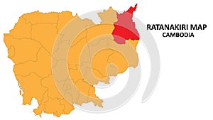 Ratanakiri State and regions map highlighted on Cambodia map