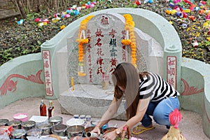 Ratchaburi, Thailand - April 4, 2017 : Thai people praying Ancestor