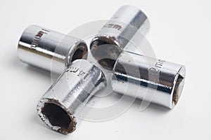 Ratchet and four sets of replaceable heads for chrome socket wrenches.